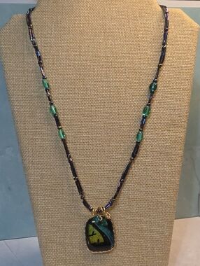 Green & Black Dichroic Glass Pendant Necklace with Beaded Chain